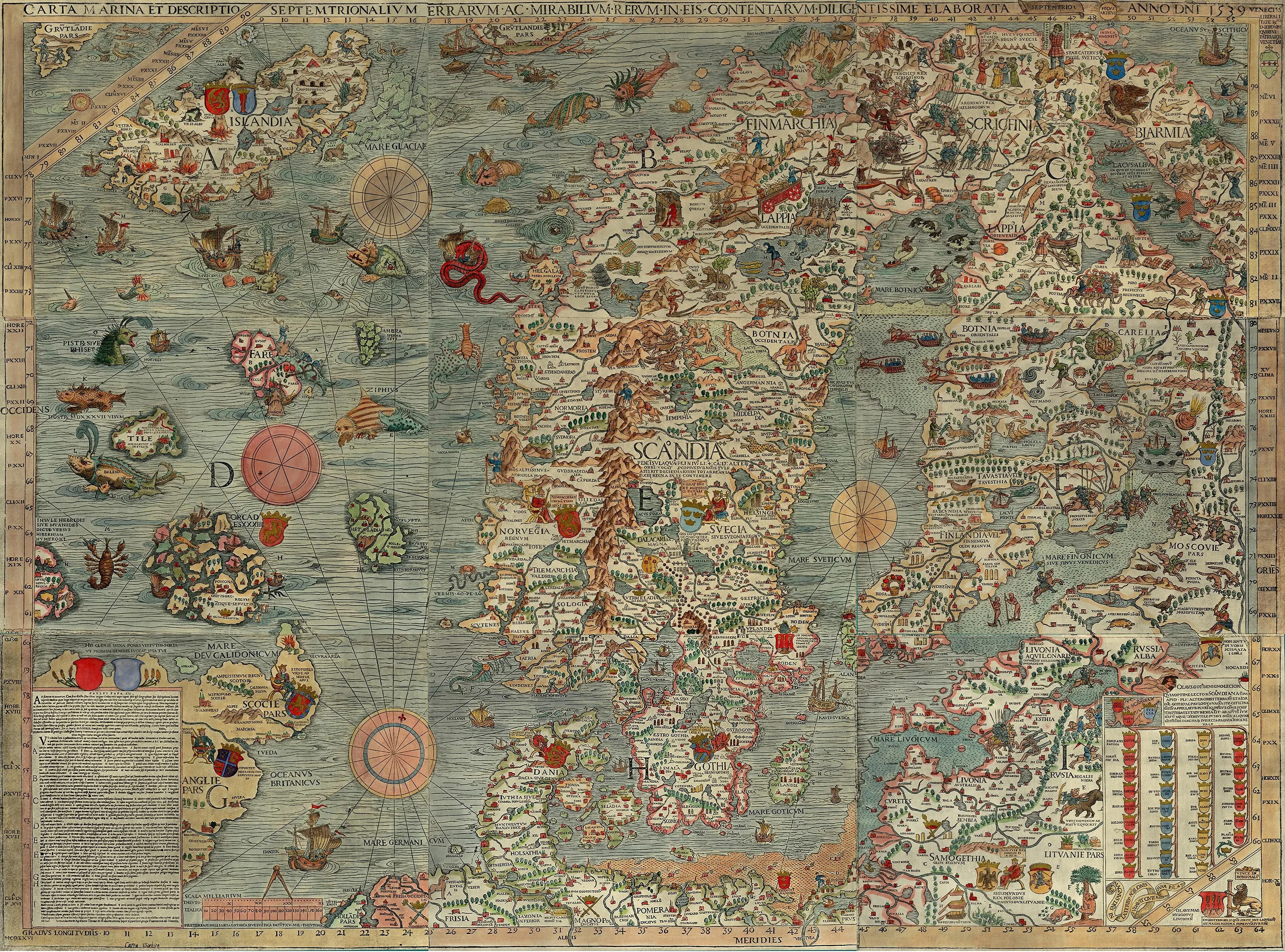Carta Marina, Olaus Magnus, 1539 — an early map of Scandinavia dense with creatures, figures, and local detail.